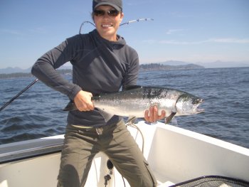 Coho fishing has been great in all area.  Paula from Nanaimo British Columbia who fished with family from Saskatchewan has a wild Coho she put back into the water.  The days of fall have been beautiful on the ocean and will continue for a while longer.  Paulas' guide was John from Slivers Charters Salmon Sport Fishing