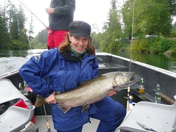 Salmon fishing on the Stamp River will get underway on the 25th of August this year. This happy lady from Victoria had a grea day in 2010 with opportunity to play Chinook and Coho.
