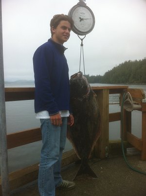 Ben of Nashville USA  was on his first Pacific Ocean Vancouver Island salmon and Halibut fishing trip.  Ben landed this fifty-two pound halibut fishing with guide John of Slivers Charters Salmon Sport Fishing