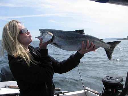 The fishing along the surf line of Barkley Sound located on Vancouver Island has been very good.Julanna shows her Chinook Salmon caught with Swale Rock on a green-nickel coyote spoon