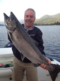 Greg  of Edmonton Alberta   fished with guide Doug of Slivers Charters Salmon Sport Fishing and landed this Chinook in the Port Alberni Inlet using an anchovy in a green haze teaser head.  This was Greggs first time fishing in Port Alberni.  His group landed five Chinook fishing on this late August 2012 morning.