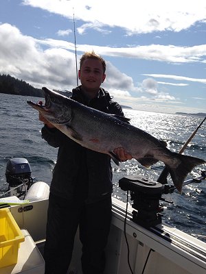 Benny landed this great Chinook salmon fishing with Doug of Slivers Charters Salmon Sport Fishing.  The Chinook landed on the fourth day of September hit an anchovy in a green haze teaser head along the Bamfield Wall close the Harbor Mouth