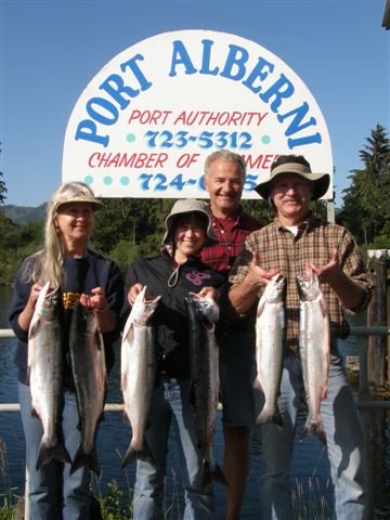 Summer sockeye fishing in the Port Alberni Inlet should be even better in 2010.  The 2009 season was spectacular.  Family from Arizona show some of their catch from July in 2009.  Guide Mel of Slivers Charters Salmon Sport Fishing is in the background.
