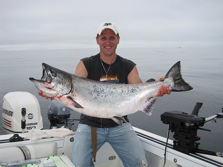 Brad of Castlegar British Columbia caught his first ever tyee on his honeymoon with new wife Andrea.  This Chinook was caught off of Cape Beale Barkley Sound located off of Vancouver Island on a four inch cop car coyote spoon.  Brad and Andrea had a remarkable trip over two days limiting on Sockeye salmon, Coho, and Chinook