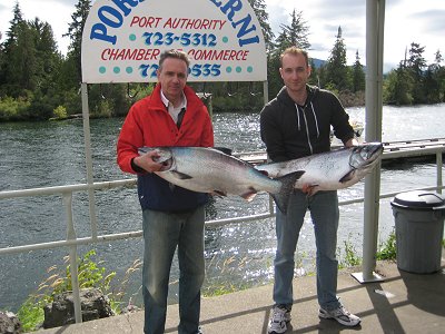 John of Vancouver B.C.    and son Keith of Toronto show off their first ever caught Salmon (Chinook)  