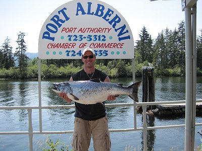 Brad   of Castlegar B.C.   shows  one of his Chinook at Clutesi Haven Marina in Port Alberni B.C. which is located in central Vancouver Island.   Brad had a great fishing experience with wife Andrea and was guided by Doug of Slivers Charters Salmon Sport Fishing