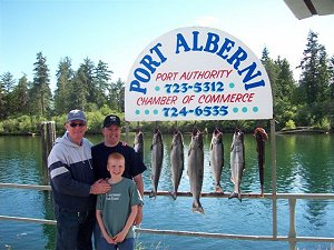This picture is of Tom Householder of Utah and his son Tom Junior with Toms young son Jorday.   They fished with Doug Lindores of Slivers Charters Salmon Sport Fishng out in Barkley Sound at Swale Rock  The salmon were picked up on anchovy and a silver coyote spoon.  Barkley Sound Fishing will be remarkable this summer.