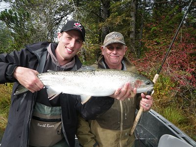 Fall Steelhead landed by happy father and son from Victoria B.C. The Fall Steelhead fishing will continue for another three plus weeks on the Stamp River. The winter Steelhead should begin to show by mid December. Steelhead fishing on the Stamp can often begin in late or even mid August for summer run fish and continue right to the end of April for Winter Steelhead.
