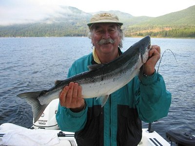 Jack of Ontario shows off his first ever caught Sockeye Salmon.   Jack fished with Doug of Slivers Charters Salmon Sport fishing.   jack and good friend Ross limited on Sockeye in the China Creek area of The Alberni Inlet