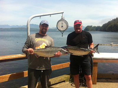 A Couple of nice Chinook landed by Mansel and Brett Jones  The father and son combination from Calgary fished Barkley Sound with Guide Doug of Slivers Charters Salmon Sport Fishing Limited on Chinook salmon ranging eleven to twenty-two pounds plus some Coho which were in the mix. 