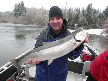 Besides the heavy wet and windy storms that the west coast of Vancouver Island has witnessed there have also been some remarkable cool days with dustings of snow.   Kelly has a great Steelhead he landed fishing the Stamp in November.