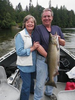 Louise and Dave had a good day in the Stamp River.  They were able to land some great Chinook and Coho.  This was the couples first ever salmon trip and of course their first ever landed salmon.  This fish was landed using red wool on the drift aboard a Stamp River jet boat.