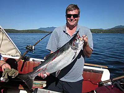 The September Coho fishing in the Alberni Inlet and Barkley Sound was just phenomenal.  Richard from Ontario fished with family.  This big Coho was landed along the Bamfield Wall using a purple haze hootchie.   Guide was Mel of Slivers Charters Salmon Sport fishing