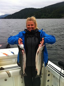 The Sockeye return to the Alberni Inlet and Somass River system in 2012 was just over 850,000   Regan was with her family and fished with guide Doug of Slivers Charters Salmon Sport Fishing.  Regan and family limited out on this mid July day....  pink and hippie mp hootchies were working very well....