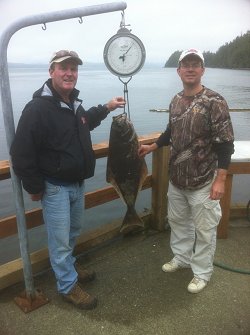 Ken and Hal Ford of Kentucky USA had three great fishing days in Barkley Sound and offshore waters in early July of 2012.  This twenty pound halibut was landed outside of the Turtle Head.  The largest halibut on this day was fifty plus pounds....  Halibut guide was John of Slivers Charters Salmon Sport fishing....