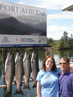 The fishing in the Port Alberni Inlet has improved.  Joseph and Theresa from Portland Oregon fished with Slivers Charters Salmon Sport Fishing and landed their four Chinook using white and Pink hootchies.  The couple was recently married and fished one day during their honeymoon.