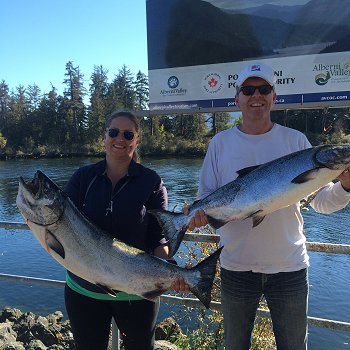 Jessica and Raymond from Victoria B.C. show off 32 and 25 pound Chinook they landed at the Bamfield Wall on September 12th 2015.  These fish hit Anchovy. Guide was Doug Lindores of Slivers Charters Salmon Sport Fishing.