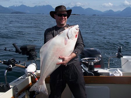 Ed from Edmonton Alberta fished with guides from Slivers Charters Salmon Sport Fishing around the Alley near Ucluelet. This 31 pound halibut was picked up on the troll.