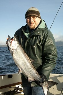 This is Pat who fished with Mike  out of the Ucluelet Harbor   This fish was 12 pounds and was caught at Great Bear   Pat had 7 fish hooked during his trip and landed two.  This 12 pound fish and another 13 pound fish.  The landed fish were caught on herring strip in a chartreuse teaser head