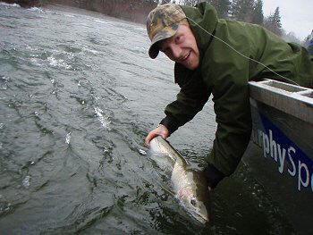 Fishing on the upper Stamp River with guide Shaun in early March. Beautiful Steelhed released back into the system.