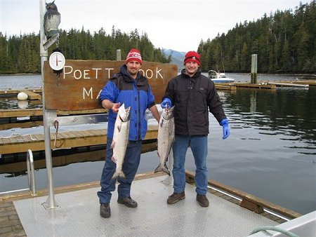 This is a picture of Felix (left) and Randy.  The largest fish is an 18 pound Chinook caught at Sarita Bay in Barkley Sound Vancouver Island B.C.  The 18 pound Winter Chinook hit a 5 inch glo/flo coyote spoon in 130 feet of water. It won third place at the Sproat Loggers Winter Spring Fishing Derby which was hosted out of Poett Nook in Barkley Sound.