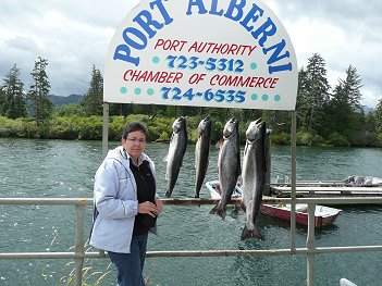 Ardy McEwen of Devon Alberta shows some of her and her daughter Kori's catch just befor the Port Alberni Derby  These salmon were caught in the Port Alberni Inlet at Bells Bay with Slivers Charters Salmon Sport Fishing guide Mel