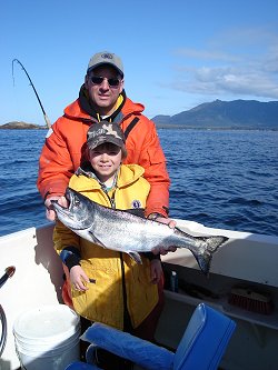 Paul & son Aiden's 10 pound Chinook caught on blue/ green Needle Fish