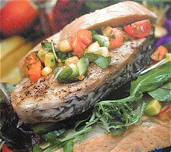 Char-Grilled Barramundi Burger with Tropical Salsa