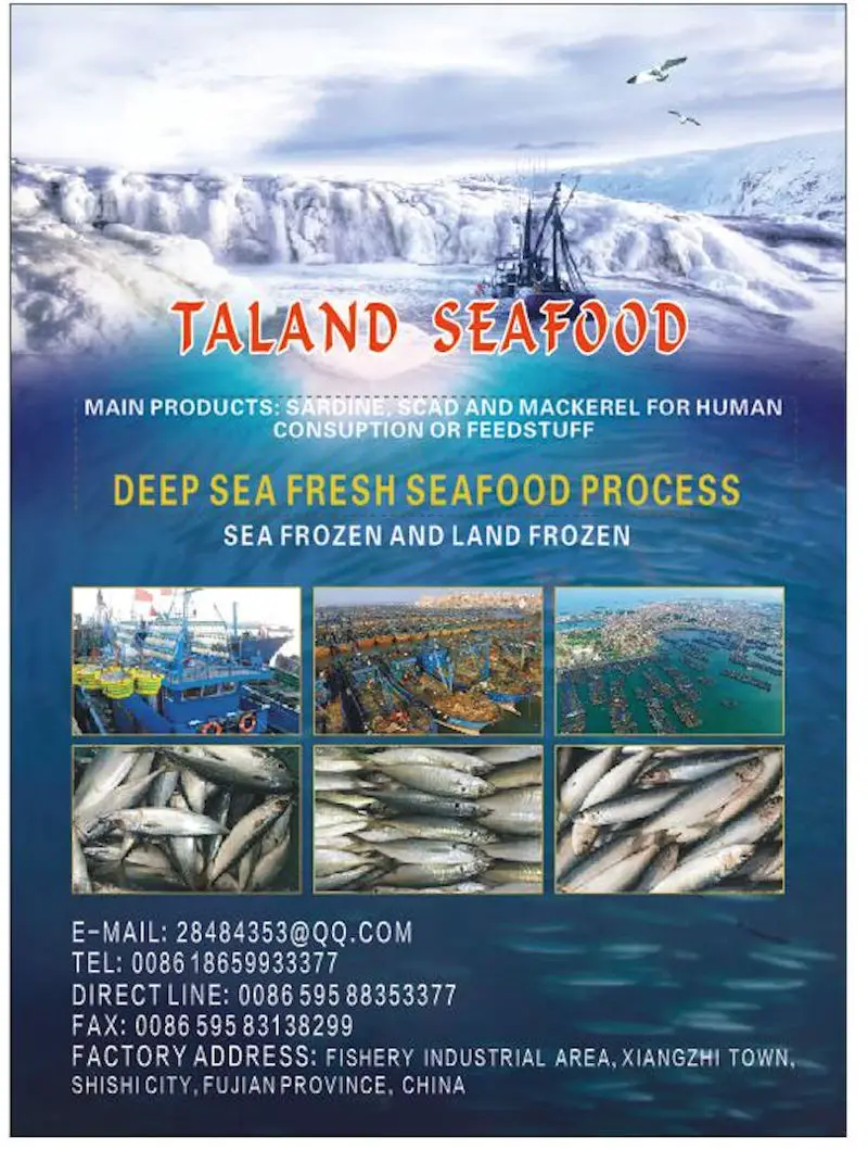 Taland Seafood China - Deep Sea Fresh Seafood Processors - sea frozen and land frozen. Our main seafood is FROZEN FISH including Our main products are sardine, scad and mackerel for human consumption or feedstuff.