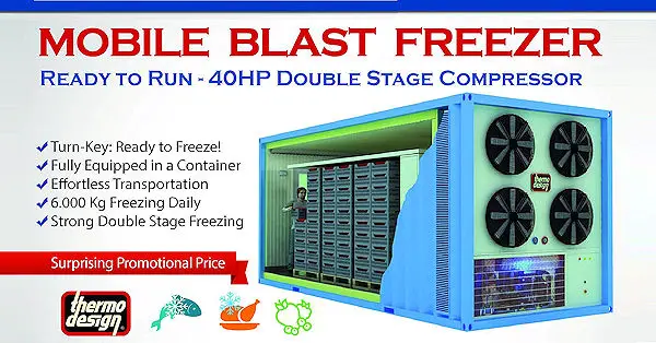 Mobile Blast Freezer, ready to run, 40hp double stage compressor, ready to freeze, fully equipped in a container.