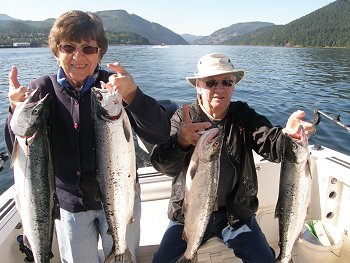 Peggy and Howard enjoyed two days on the water with guide Doug of Slivers Charters Salmon Sport fishing landing sockeye from the Alberni Inlet