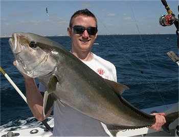 After a few pictures, we dropped down bait number two and hooked an Amberjack that didnt give in easily. We skillfully released the Amberjack and relocated to do some Big Game Shark Fishing.