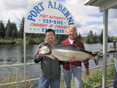 Guide Mel of Slivers Charters Salmon Sport fishing and guest Phillip of Victoria B.C. show the 37 pound Chinook that Phil caught on a AORL 12 hootchie in the Port Alberni Inlet close to Lone Tree Point in 40 feet of water.
