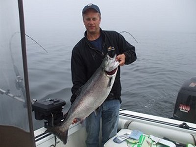 Darren from Vancouver B.C. fished with Doug from Slivers Charters Salmon Sport Fishing and landed this 28 pound Chinook using a green-nickel coyote spoon in Barkley Sound Vancouver Island