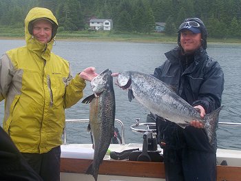 Mark and friend from Vancouver with two Chinook caught off of Ucluelet out at the Big Bank  Guide was Al   Along with Chinook were limits in Coho and Halibut