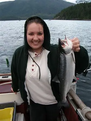 Kitty Bardardottir from Reykjavik, Iceland is quite happy with her very first Sockeye caught in the Alberni Inlet.  Kitty fished near China Creek with Guide Mel of Slivers Charters Salmon Sport Fishing