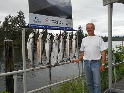 Mel of Port Alberni B.C. shows of his Sockeye catch that he and one guest landed. The sockeye are forecast at an assessed number of 700,000 to one million in terms of returns to the Somass River. Currently the Sockeye retention is four per day with a two day possession limit of eight