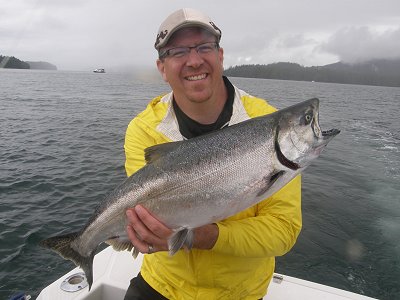 Chinook salmon landed using anchovy in a green haze teaser head in Barkley Sound