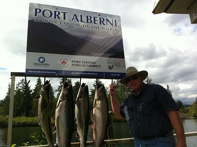 Bradley from Blaine Washington did very well fishing with a friend in the Alberni Inlet when fishing for Chinook.   Guide was John and Mel of Slivers Charters Salmon Sport Fishing.  These fish were landed using coyote spoons and white and green hootchies