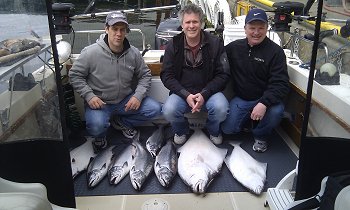 Happy fishermen Greg, Gordon, and Ron had a great day with some nice Chinook and halibut on the west coast fishing out of Ucluelet on the 3oth of May 2011.  Outer South Bank had some great fishing using hootchies and spoons