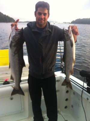 The early forecasts predict that there will be an abundant return of west coast Vancouver Island Coho.  Jeremy who fished with Doug of Slivers Charters Salmon Sport Fishing shows of two of his Coho caught late last summer in the Alberni Inlet.  Coho fishing this year in late August and into September should be very good in the Alberni Inlet.