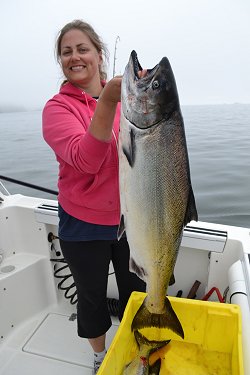 Jessica of Victoria B.C. landed this twenty eight pound Chinook at Austin Island using a silver glow Coyote spoon.  Jessica fished with Doug of Slivers Charters Salmon Sport Fishing