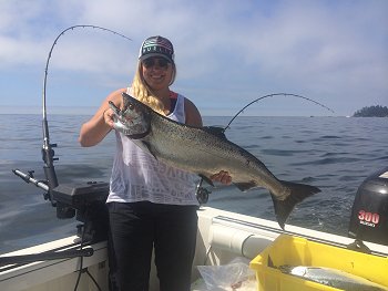 Regan fished with Doug of Slivers Charters Salmon Sport Fishing and landed this eighteen pound Chinook at Meares Bluff in Barkley Sound. Fishing hit a Jack Smith Hootchie