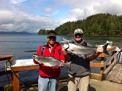 Steve from San Francisco and Brian from Phoenix fished with friends from the U.S. and Canada and had a wonderful trip. The salmon averaged nine to eighteen pounds on the three day venture out of Bamfield but the action was magnificnet. Halibut up to twenty six pounds were also landed. Guides were Doug and Leo organized by Slivers Charters Salmon Sport Fishing