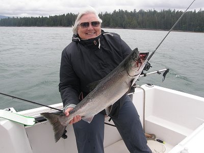 Karen from Sechelt B.C. had a great Barkley Sound fishing trip. She landed this fifteen pound Chinook salmon at Kirby point using a green nickel coyote spoon.  Guide was John of Slivers Charters Salmon Sport Fishing