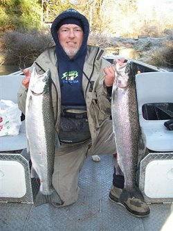 Yurri from Russia with two winter Steelhead picked up on the Stamp River in late December. Tony fished with guide Nick