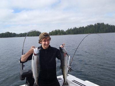 Young guest from Calgary had a great day of fishing with Doug of Slivers Charters.  Two Coho salmon landed using a silver glow coyote spoon in Barkley Sound