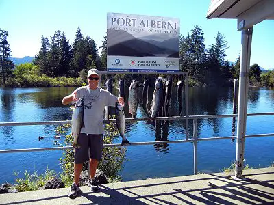 Day trips down to Barkley Sound can be lots of fun.  Coho and Chinook fishing along the Bamfield Wall can be very good.  Doug of Slivers Charters with salmon landed by guests from Oregon  