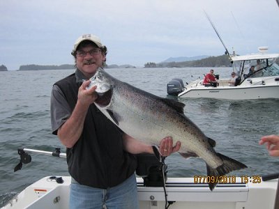 Danny of Trail B.C. was on his first ever salmon trip this past week.  Danny fished with his son Brad and with guide Doug of Slivers Charters Salmon Sport Fishing,  This 28 pound Chinook was landed at Pinnacle Rock located at the Barkley Sound surf line.