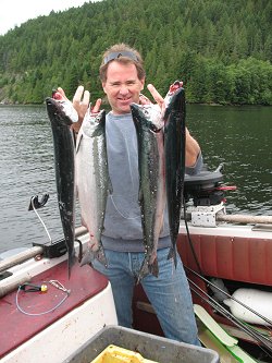 Graham of Nanaimo B.C. shows his limit of Somass Sockeye.  All were landed in the Port Alberni Inlet.  Graham fished with guide Mel of slivers Charters Salmon Sport Fishing 